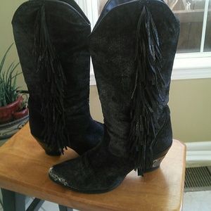 Black shimmer fringe suede boots